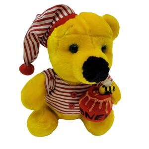 Winnie the Pooh Bear Plush Toy in Night Shirt and Cap with Barrel of Honey & Bee